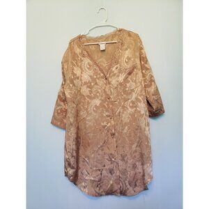 Adonna Nightgown Womens L  3/4 Sleeve Button Front Floral Gold Jacquard V Neck